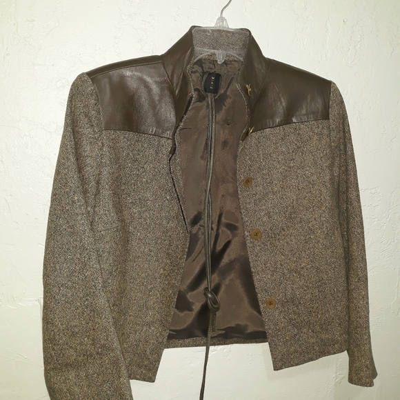 Leather and Twill Crop Jacket with Leather Tie - Picture 2 of 4